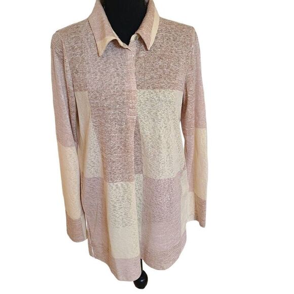 Laramendi Womens Tunic Blouse Collared Button Long Sleeve Colorblock Medium - Picture 1 of 14